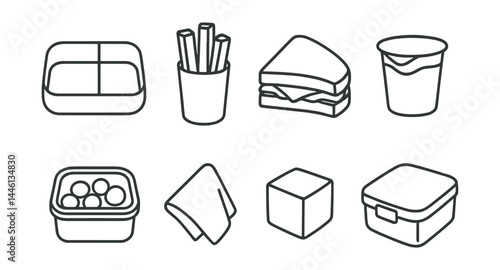 Line style icons of lunchbox ideas: divider box, veggie sticks, sandwich half, yogurt cup, fruit chunk, snack container, cloth napkin, food-safe box.