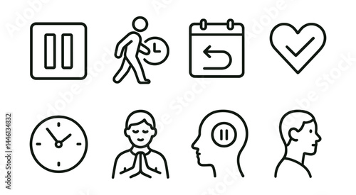 Line style icons of time-based consumption: pause symbol, slow routine, month delay icon, wishlist check, timing circle, daily reflection, mindful pause, patient icon.