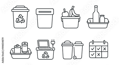 Line style icons of household waste separation: compost bin, paper-only slot, food scrap caddy, glass tub, metal tray, e-waste box, bin icons set, sorting calendar.