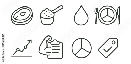Line style icons of macro-focused eating: protein icon, carbs scoop, fat droplet, macro plate, nutrition goal line, muscle fuel plan, daily intake wheel, label check.