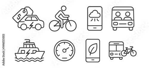 Line style icons of transport sustainability: EV rebate, bike commute, emissions tracker, public ride share, electric ferry, fuel-saving mode, eco app, modal shift.
