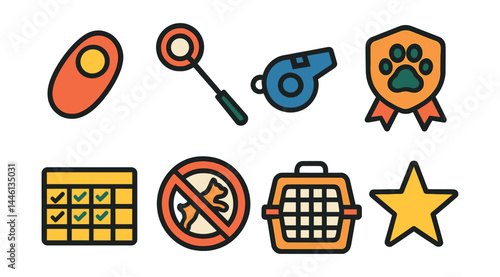 Flat vector icons of pet training tools: reward clicker, target stick, training whistle, obedience badge, behavior chart, no-jump symbol, crate icon, progress star.