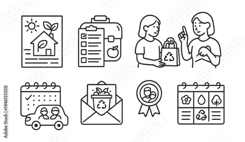 Line style icons of parent-school sustainability: home eco tips flyer, lunchbox audit note, reusable pack reminder, carpool week calendar, compost training invite, family pledge form, parent guide