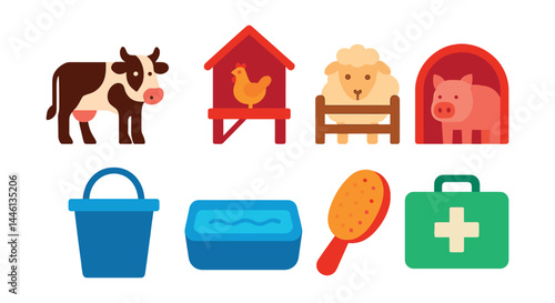 Flat vector icons of livestock and animal care: cow icon, chicken coop, sheep pen, pig shelter, feed bucket, water trough, grooming brush, veterinary first aid kit.