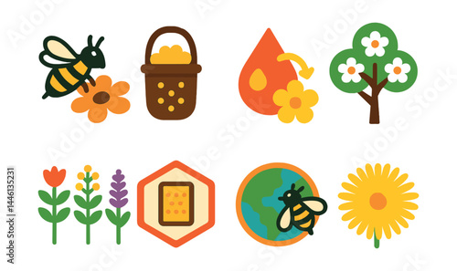 Flat vector icons of pollination and foraging: bee on flower icon, pollen basket full, nectar flow chart, flowering tree symbol, bee-friendly plants, pollen trap badge, foraging radius map, dandelion