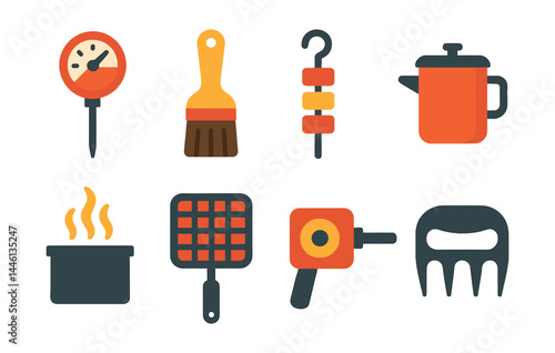 Flat vector icons of grilling tools and utensils: meat thermometer, marinade brush, skewer stick icon, basting pot, smoker box, grill basket, BBQ fan, meat claws.