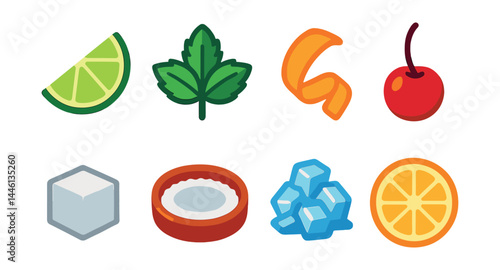Flat vector icons of cocktail ingredients: lime wedge, fresh mint sprig, orange twist, cocktail cherry, sugar cube, salt rim plate, crushed ice, citrus slice badge.