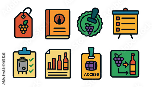Flat vector icons of winery operations and records: vintage year tag, winemaker logbook, quality control stamp, production schedule board, tank cleaning checklist, wine inventory chart, cellar access