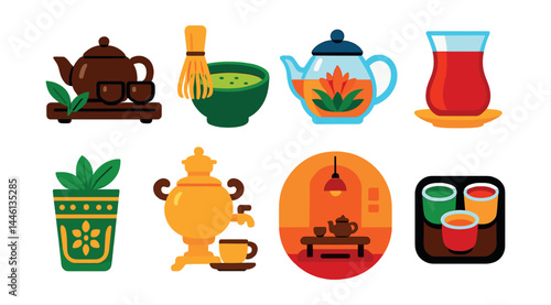 Flat vector icons of traditional tea rituals: tea ceremony setup, matcha preparation, glass pot with blooming tea, Turkish tea in tulip glass, Moroccan mint tea, Russian samovar icon, teahouse