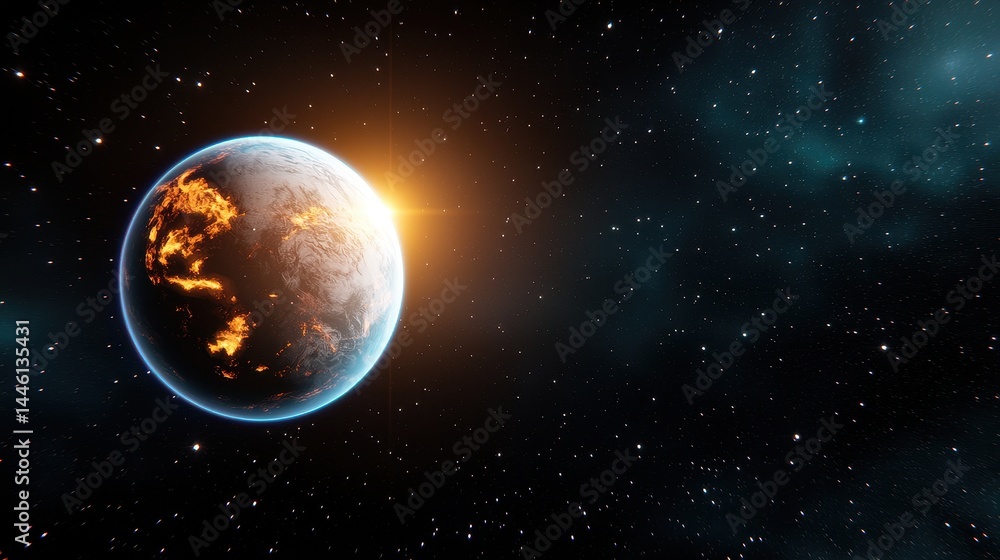 Fototapeta premium Burning Planet Earth Sunrise in Space