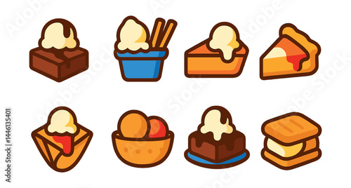 Flat vector icons of ice cream pairings: brownie à la mode, waffle with ice cream, churros and ice cream cup, pie slice with scoop, crepe with frozen topping, cookie bowl, hot fudge brownie, puff