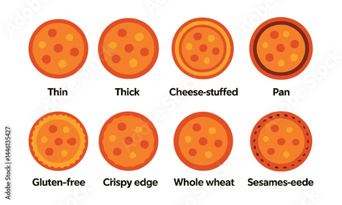 Flat vector icons of pizza crust variations: thin crust, thick crust, cheese-stuffed crust, pan pizza crust, gluten-free crust, crispy edge icon, whole wheat crust, sesame-seed edge.