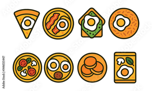 Flat vector icons of breakfast pizzas: egg and cheese slice, bacon breakfast pizza, avocado toast pizza, hashbrown crust, veggie omelet pizza, sausage and egg combo, pancake base pizza, morning