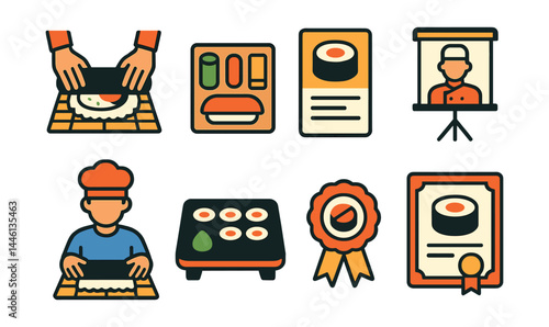 Flat vector icons of sushi learning and classes: sushi rolling lesson, ingredients board, sushi recipe card, chef demo setup, student with rolling mat, classroom sushi tray, training badge, sushi