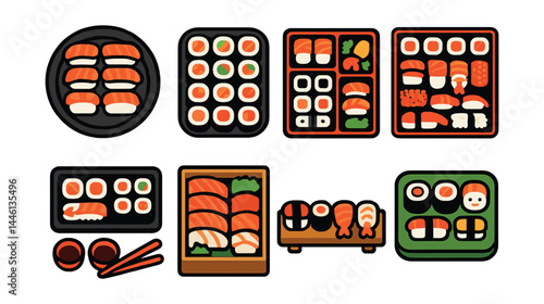 Flat vector icons of sushi combos and platters: assorted nigiri tray, mix roll platter, bento box with sushi, party sushi set, sushi for two tray, deluxe sashimi box, sushi tasting flight, kid’s