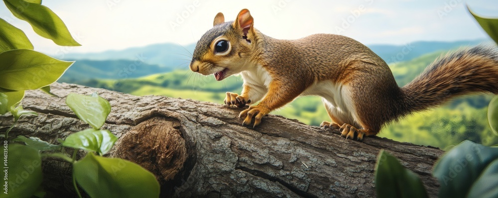 Obraz premium A curious squirrel sits on a log overlooking green hills