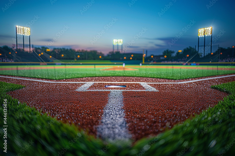 Obraz premium mesmerizing baseball field at dusk comes to life as radiant lights illuminate entire stadium, creating the captivating atmosphere that sure to leave spectators in awe 