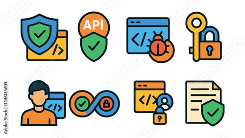 Flat vector icons of secure coding and development: shielded code icon, secure API badge, code vulnerability icon, encrypted key icon, developer access role, devsecops pipeline, permission control