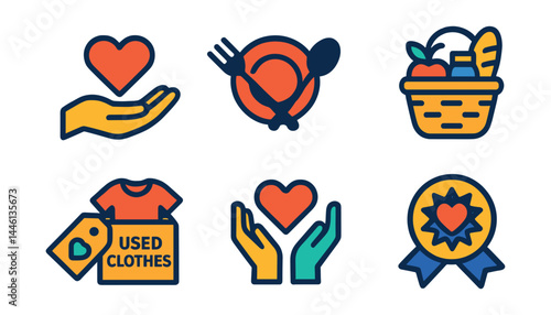 Flat vector icons of giving and generosity: open hand with heart, share meal icon, gift of support tag, food donation basket, used clothes box, give hope badge, donation match symbol, warm blanket