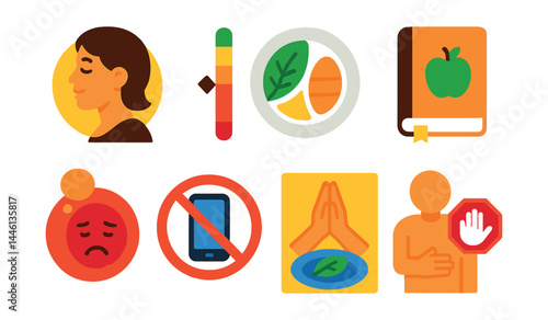 Flat vector icons of mindful eating habits: chew slowly icon, hunger scale tracker, portion awareness plate, food journal book, emotional hunger alert, eat without screen badge, gratitude before meal