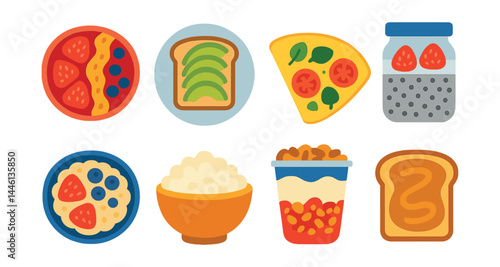 Flat vector icons of vegetarian breakfast options: smoothie bowl icon, avocado toast plate, veggie omelet, chia pudding jar, oatmeal with fruits, cottage cheese bowl, yogurt and granola cup, nut