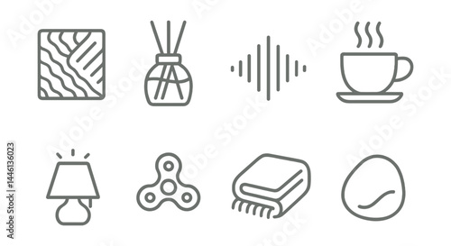 Line style icons of sensory self-care: texture icon, scent diffuser, sound wave, warm tea, soft light, calming object, cozy blanket, tactile stone.