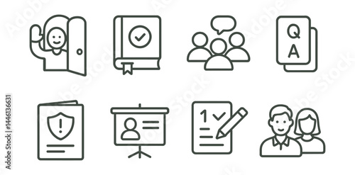 Line style icons of training and orientation: welcome brief, handbook icon, group session, Q&A card, safety guide, training slide, first task, mentor pair.