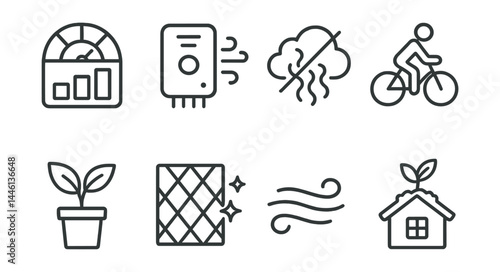 Line style icons of air quality: AQI chart, air sensor, reduce smoke, bike commute, indoor plant, clean filter, fresh breeze, green roof.
