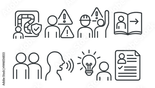 Line style icons of youth awareness: safety game, hazard ID, role play alert, school guide, buddy system, speak up icon, daily tip, safe behavior sheet.