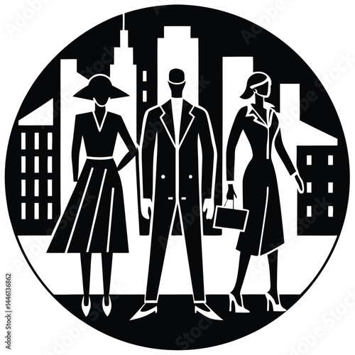 Stylish City Dwellers A Black and White Illustration of Urban Fashion