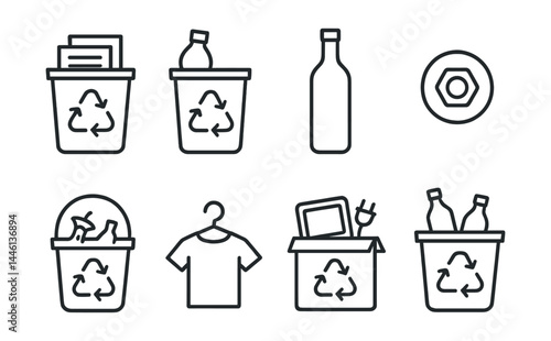 Line style icons of recycling categories: paper bin, plastic bin, glass container, metal icon, compost bucket, textile collection, e-waste box, mixed recycling.