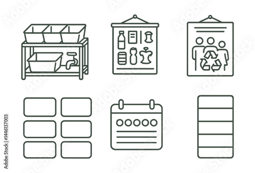 Line style icons of home sorting station: multi-bin shelf, sorting guide chart, clean rinse tap, family recycle zone, wall poster, labels set, weekday reminder, color code.