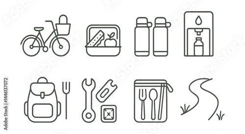 Line style icons of zero waste transport: bike basket bag, no-plastic snack, shared thermos, public refill, durable gear, bike repair tool, zero litter kit, clean path.
