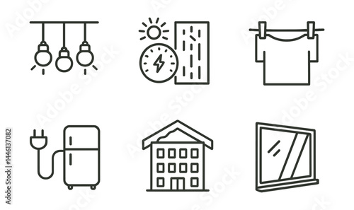 Line style icons of apartment efficiency: shared lighting, hallway timer, door seal, laundry line, shared appliance, rooftop insulation, building monitor, window angle.