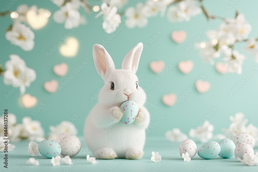 Obraz premium Adorable White Bunny Holding Easter Egg
