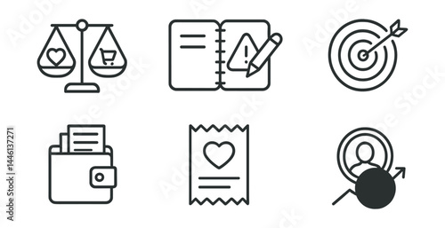 Line style icons of budget awareness: need vs want scale, budget journal, price tag alert, spending goal, wallet log, conscious receipt, personal value symbol, savings boost.