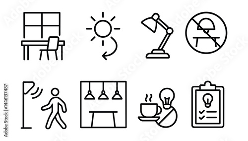 Line style icons of office lighting strategies: window desk zone, natural light arrow, desk lamp symbol, off-meeting sign, motion sensor icon, zone light plan, break light rule, daily light audit.