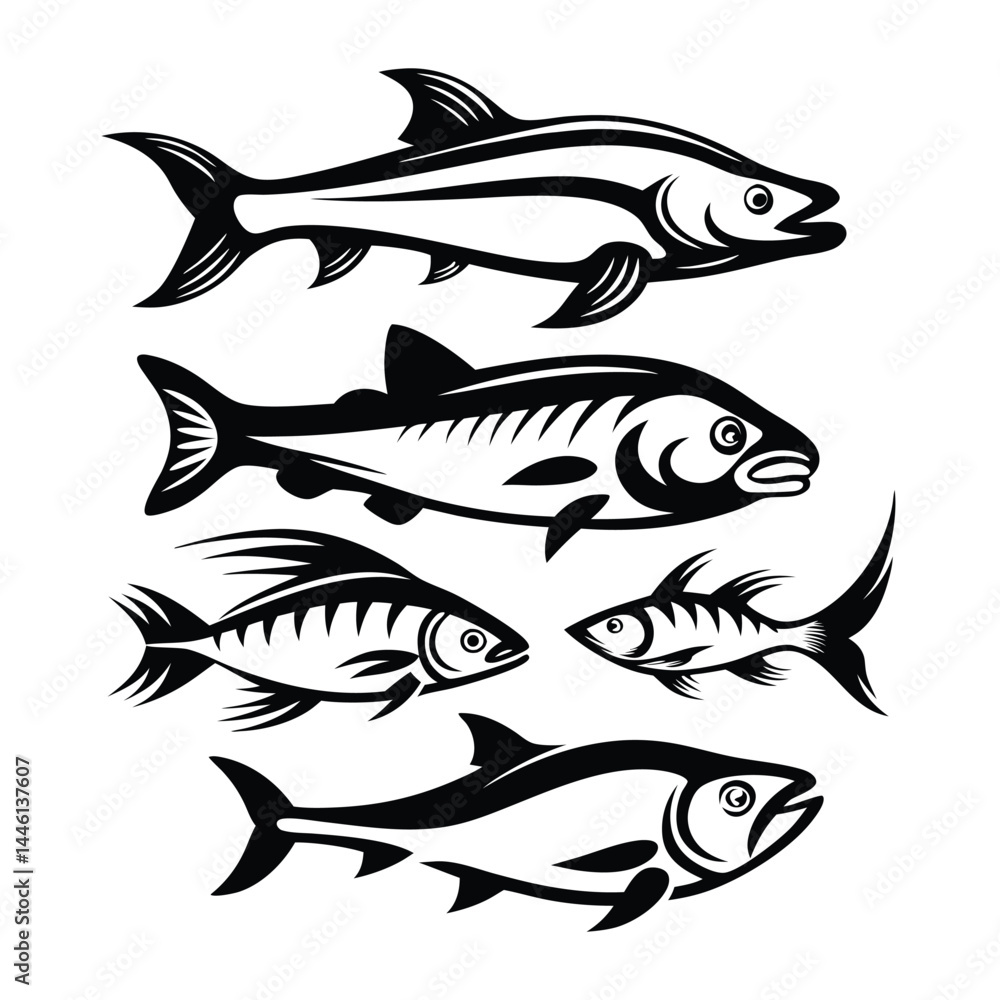 Fototapeta premium Fish Silhouette Set, Abstract Fish Collection, Black and White Fish Symbol Shapes