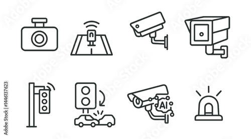 Line style icons of traffic monitoring: dashcam icon, road sensor, speed cam, surveillance box, red light sensor, accident detector, AI camera, alert beacon.