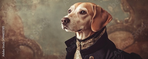 A regal dog portrait wearing fashionable aristocratic attire appears