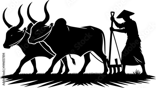 Silhouette of a farmer plowing with oxen.