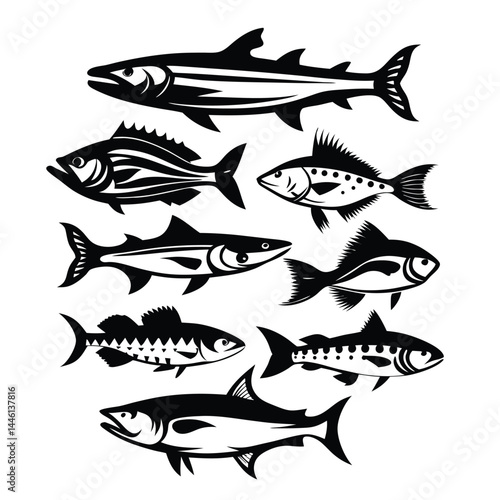 Variety of Silhouette Fish, Marine Animals, Sea Life Creatures, Black and White Isolated