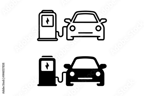 Electric Vehicle Charging Icons – Black and White EV Car and Charger Symbol Set