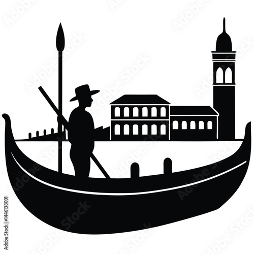 Gondola on the Venetian Canal A Black and White Illustration