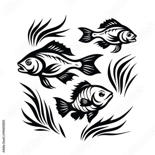 Fish Silhouette Three Black Fishes Swimming Amongst Seaweed Shapes Pattern