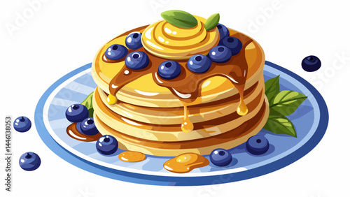 Layers of pancakes soaked in honey’s golden glow.
Blueberries bring freshness and visual delight.
All placed neatly on a white dish, ready to enjoy.
Perfect subject for bright, appetizing vector art.
