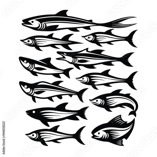 Fish Silhouette Set, Aquatic Animal Shapes, Black and White, Decorative Wildlife Design