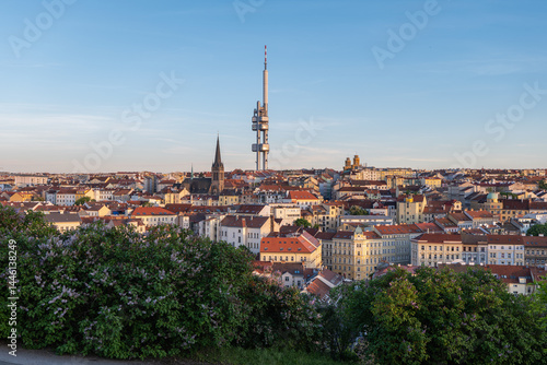 Prague, Czech Republic - 07/29/2025: View from Vitkov Hill on JZP Tower, Zizkov