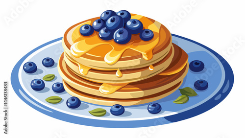 Layers of pancakes soaked in honey’s golden glow.
Blueberries bring freshness and visual delight.
All placed neatly on a white dish, ready to enjoy.
Perfect subject for bright, appetizing vector art.