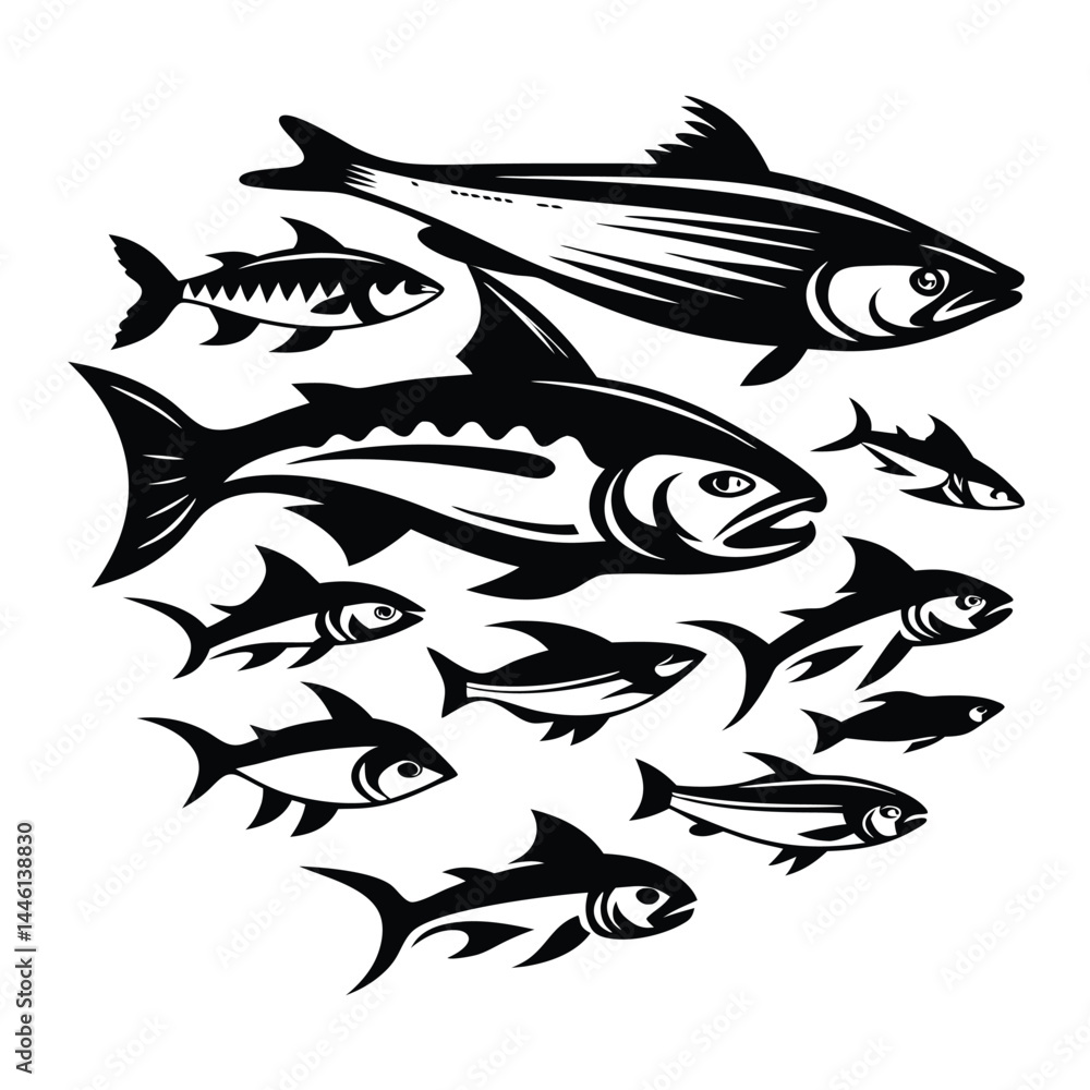 Fototapeta premium Fish Collection Clipart, Black Silhouette Set, Marine Wildlife, Isolated on White
